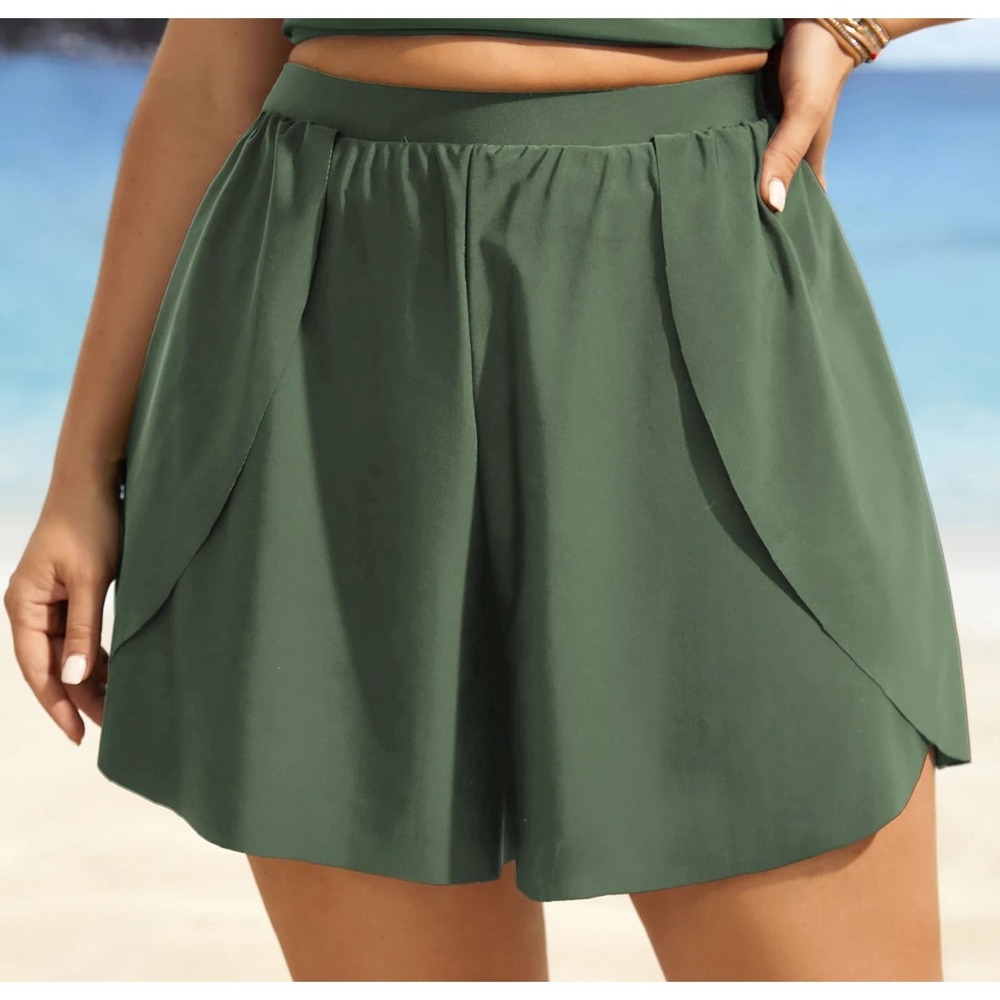 Bloomchic Women's Solid High Rise Overlap Hem Swim Skirt - Green - Sz 18/20